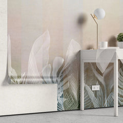 Tapet personalizat leaf cu frunze tropicale albe pe fundal bej deschis white leaves