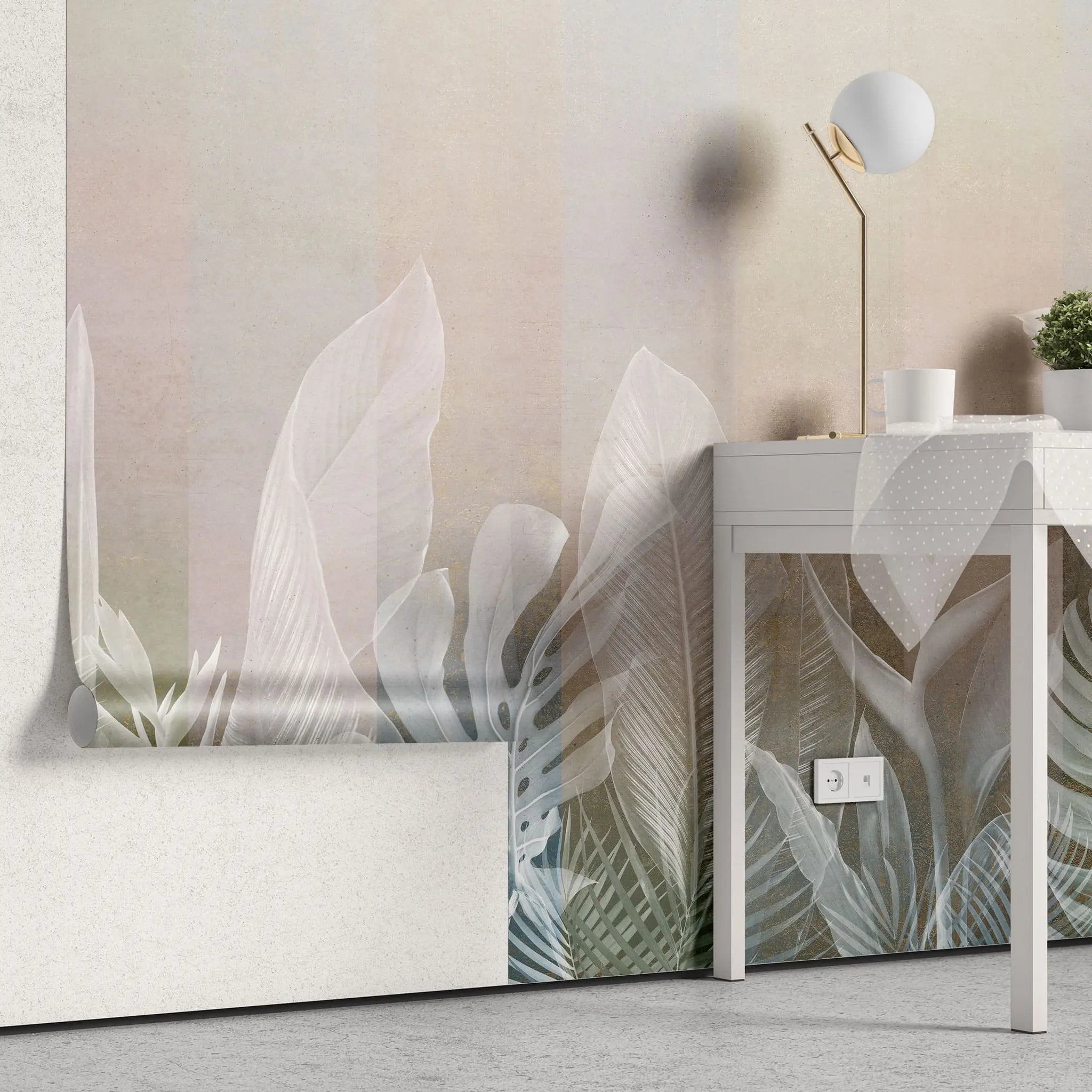 Tapet personalizat leaf cu frunze tropicale albe pe fundal bej deschis white leaves