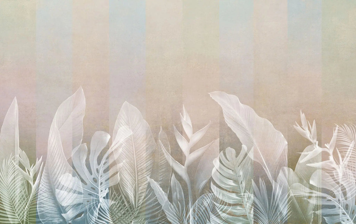 Tapet personalizat leaf cu frunze tropicale albe pe fundal bej deschis white leaves
