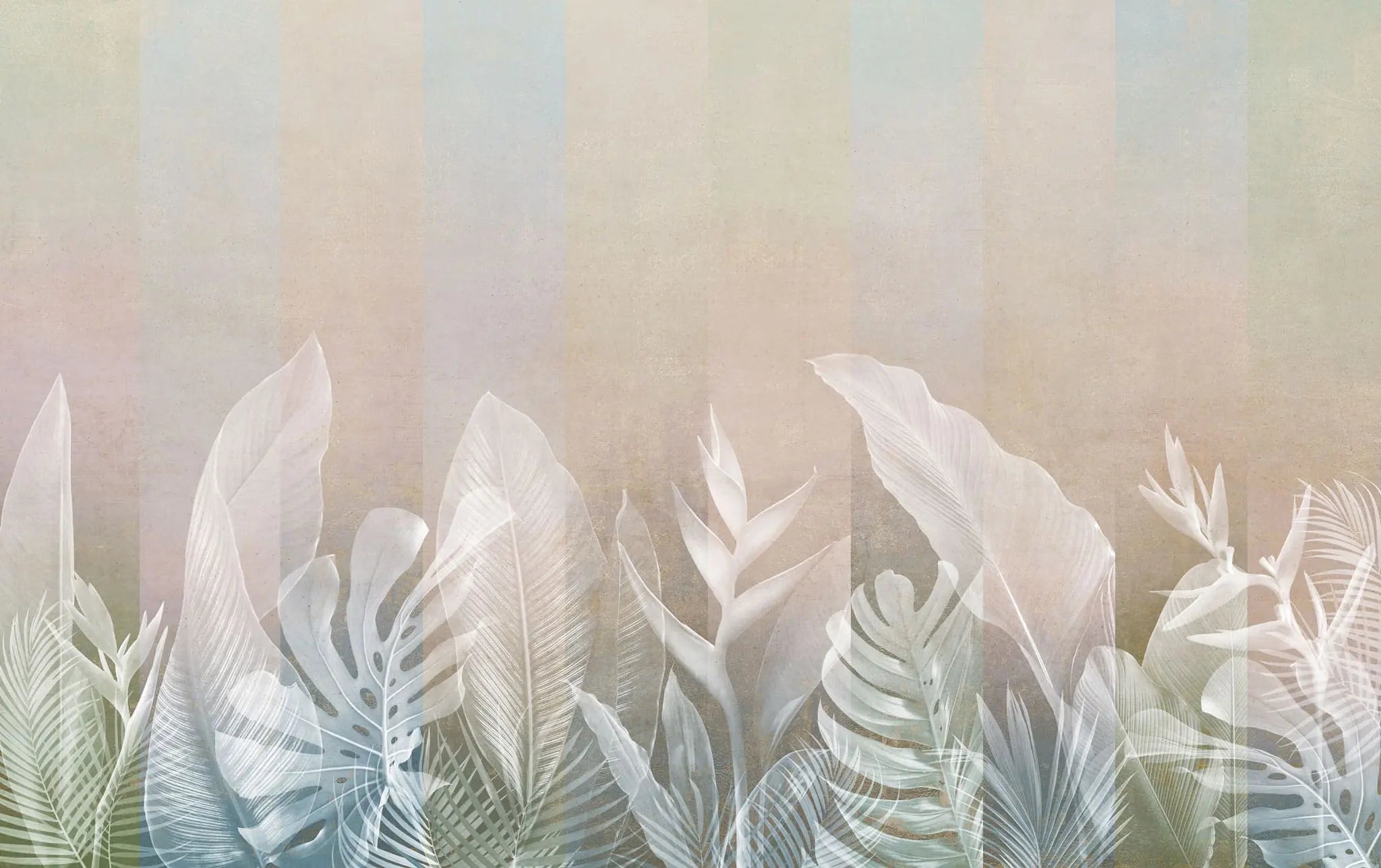 Tapet personalizat leaf cu frunze tropicale albe pe fundal bej deschis white leaves