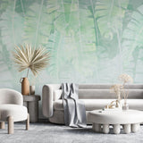 Tapet personalizat leaf cu frunze tropicale de bananier in nuante de verde deschis tea green leaves