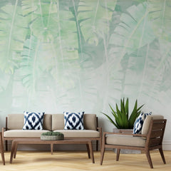 Tapet personalizat leaf cu frunze tropicale de bananier in nuante de verde deschis tea green leaves