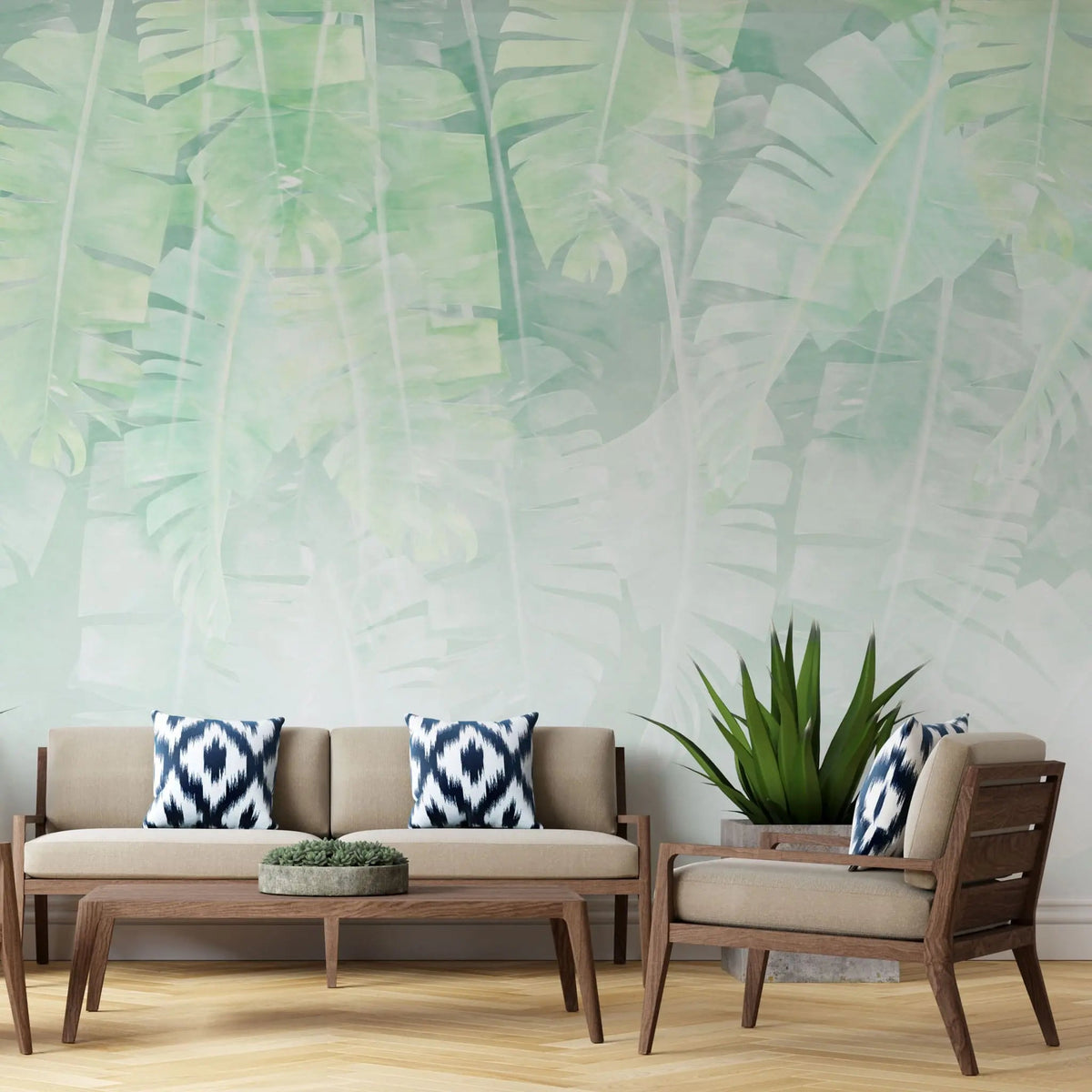 Tapet personalizat leaf cu frunze tropicale de bananier in nuante de verde deschis tea green leaves