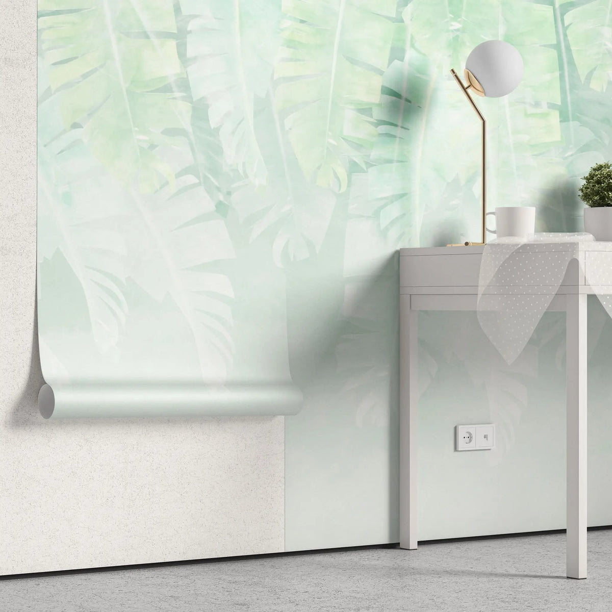 Tapet personalizat leaf cu frunze tropicale de bananier in nuante de verde deschis tea green leaves