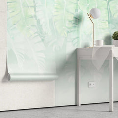 Tapet personalizat leaf cu frunze tropicale de bananier in nuante de verde deschis tea green leaves