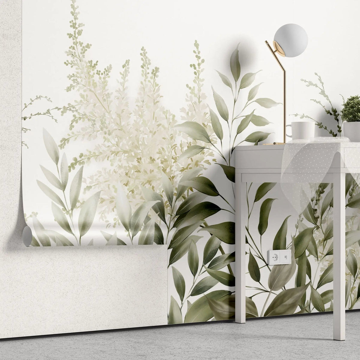 Tapet personalizat leaf cu frunze si plante verzi pe un fundal alb innocent garden