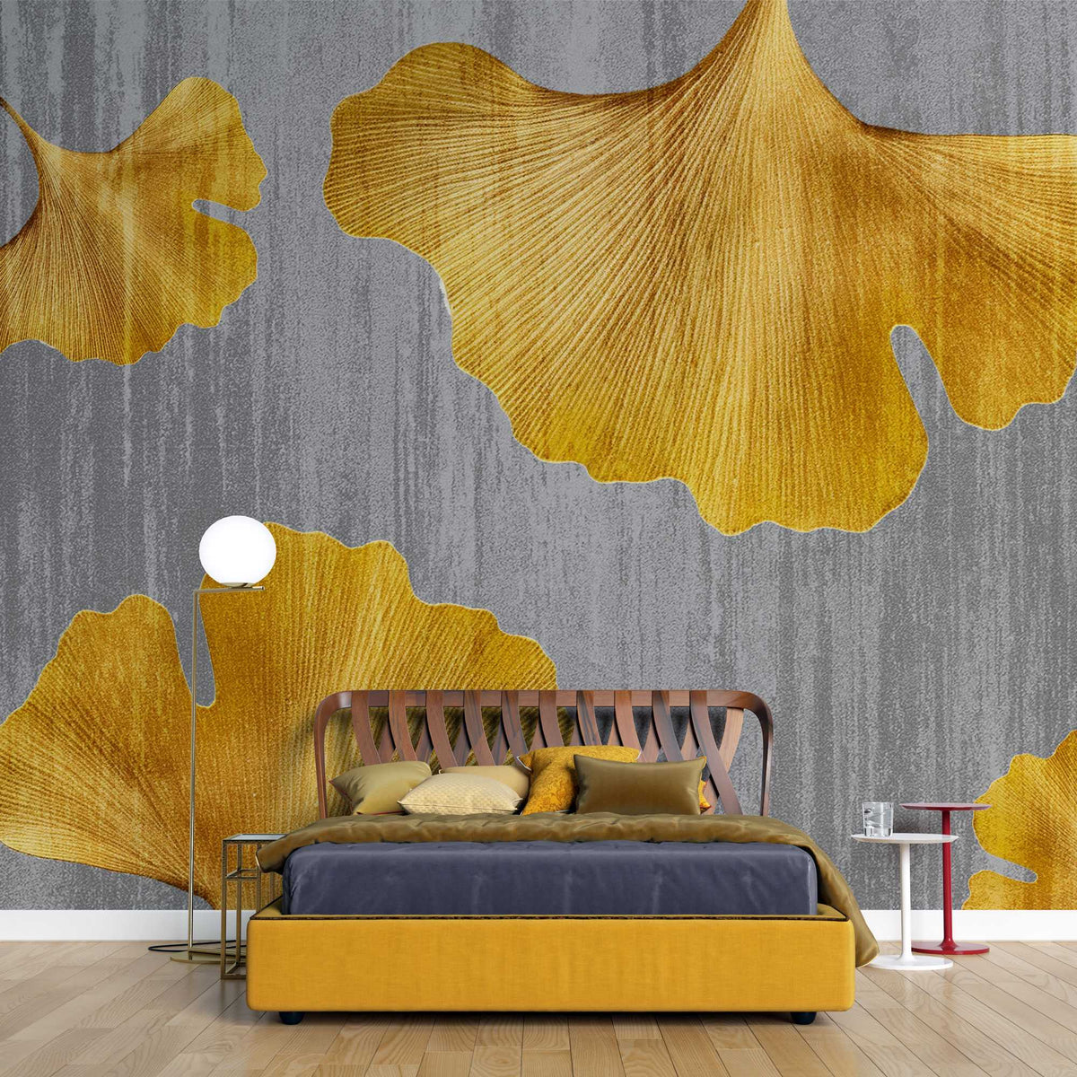 Tapet personalizat leaf cu frunze galbene de ginkgo biloba pe un fundal gri texturat fall ginkgo leaf