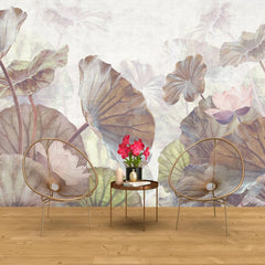 Tapet personalizat leaf cu frunze maro si flori de lotus roz pe un fundal alb deschis brown lotus