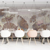 Tapet personalizat leaf cu frunze maro si flori de lotus roz pe un fundal alb deschis brown lotus