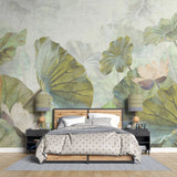 Tapet personalizat leaf cu frunze verde aprins si flori de lotus roz pe un fundal verde deshis menta bright green lotus