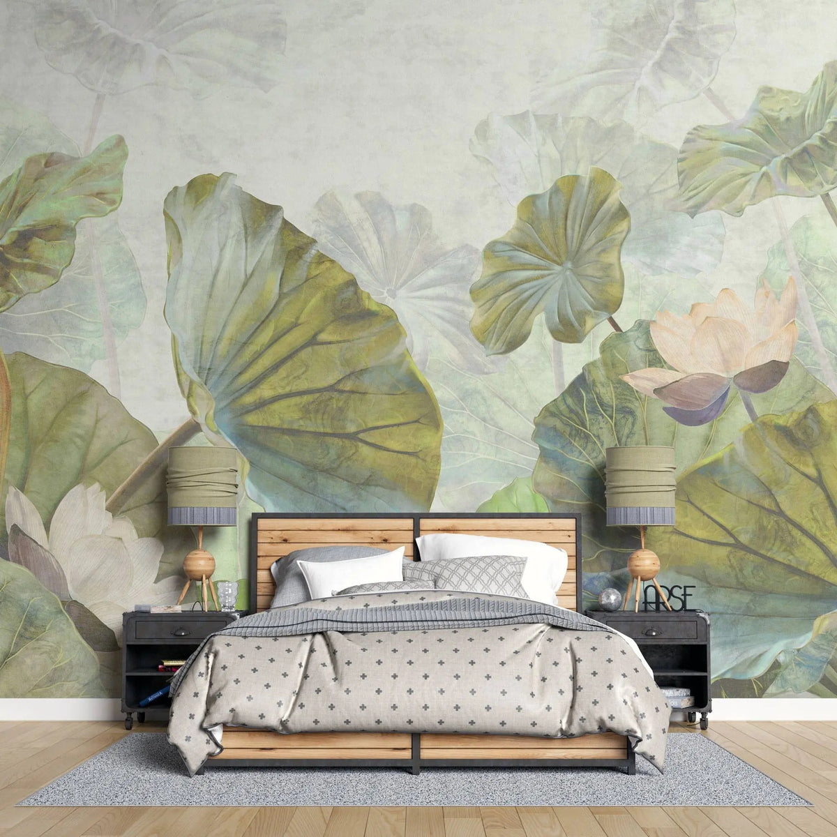 Tapet personalizat leaf cu frunze verde aprins si flori de lotus roz pe un fundal verde deshis menta bright green lotus