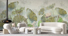Tapet personalizat leaf cu frunze verde aprins si flori de lotus roz pe un fundal verde deshis menta bright green lotus