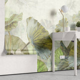Tapet personalizat leaf cu frunze verde aprins si flori de lotus roz pe un fundal verde deshis menta bright green lotus