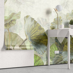 Tapet personalizat leaf cu frunze verde aprins si flori de lotus roz pe un fundal verde deshis menta bright green lotus