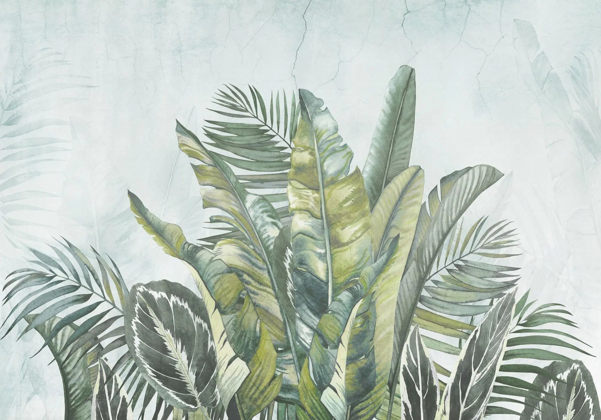 Tapet personalizat leaf cu frunze tropicale exotice in nuante de verde pe un fundal verde menta exotic green leaves