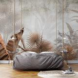 Tapet personalizat leaf cu frunze tropicale exotice in nuante de maro sepia cu fundal texturat in dungi exotic sepia leaves