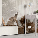 Tapet personalizat leaf cu frunze tropicale exotice in nuante de maro sepia cu fundal texturat in dungi exotic sepia leaves