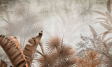 Tapet personalizat leaf cu frunze tropicale exotice in nuante de maro sepia cu fundal texturat in dungi exotic sepia leaves