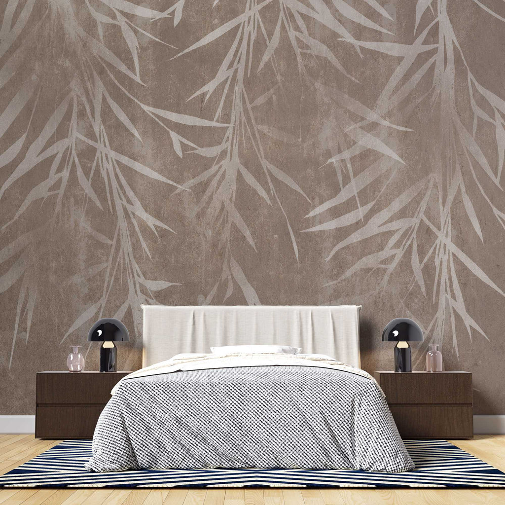 Tapet personalizat leaf cu frunze de bambus bej deschis pe un fundal maro cu textura de perete brown bamboo