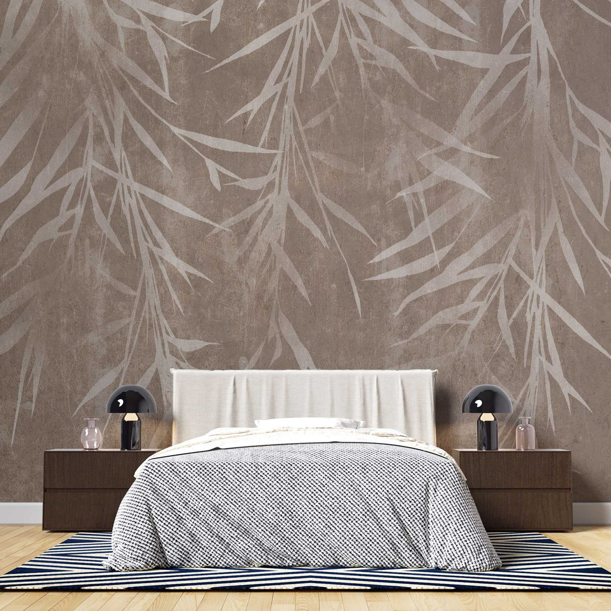 Tapet personalizat leaf cu frunze de bambus bej deschis pe un fundal maro cu textura de perete brown bamboo