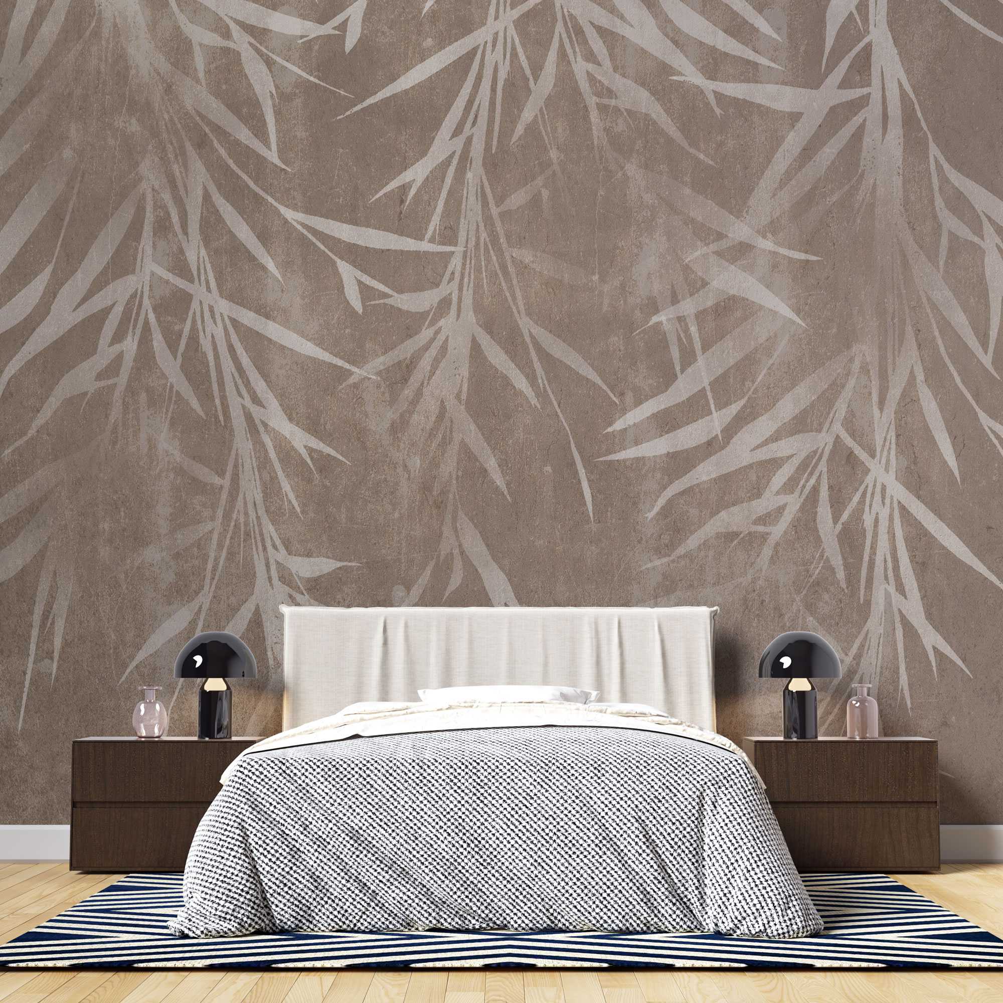 Tapet personalizat leaf cu frunze de bambus bej deschis pe un fundal maro cu textura de perete brown bamboo