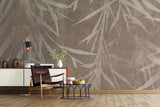 Tapet personalizat leaf cu frunze de bambus bej deschis pe un fundal maro cu textura de perete brown bamboo