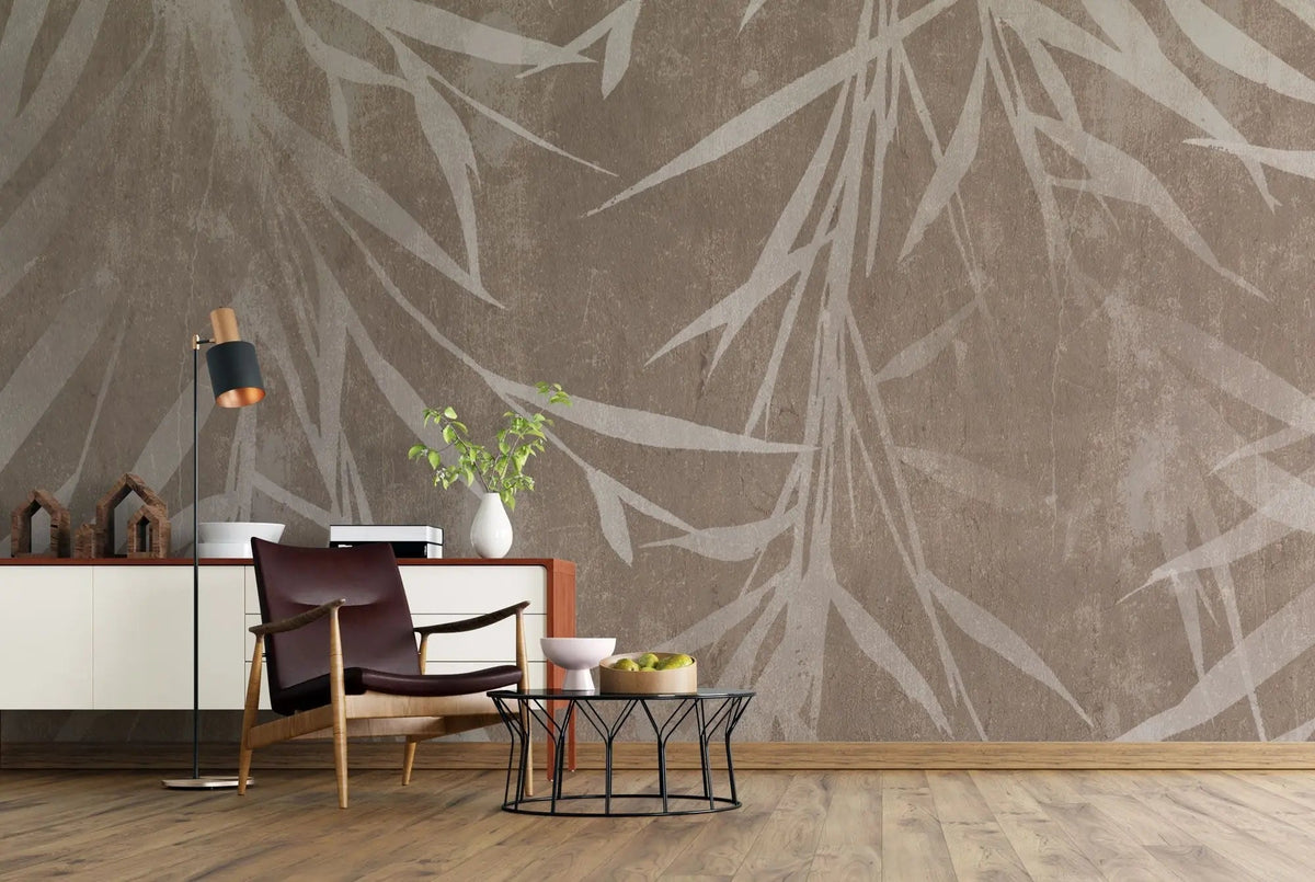 Tapet personalizat leaf cu frunze de bambus bej deschis pe un fundal maro cu textura de perete brown bamboo