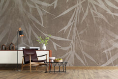 Tapet personalizat leaf cu frunze de bambus bej deschis pe un fundal maro cu textura de perete brown bamboo
