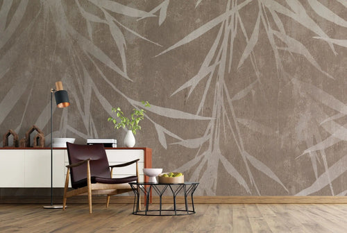 Tapet personalizat leaf cu frunze de bambus bej deschis pe un fundal maro cu textura de perete brown bamboo