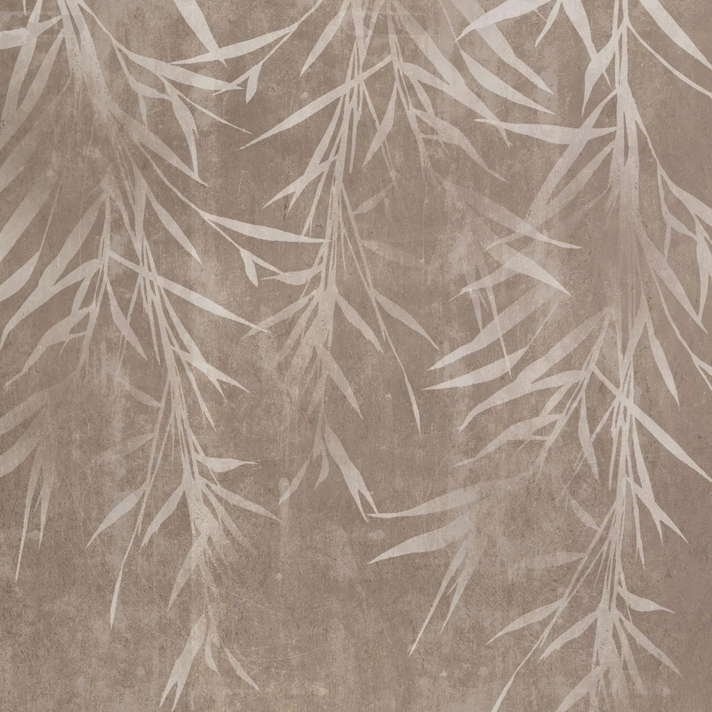 Tapet personalizat leaf cu frunze de bambus bej deschis pe un fundal maro cu textura de perete brown bamboo