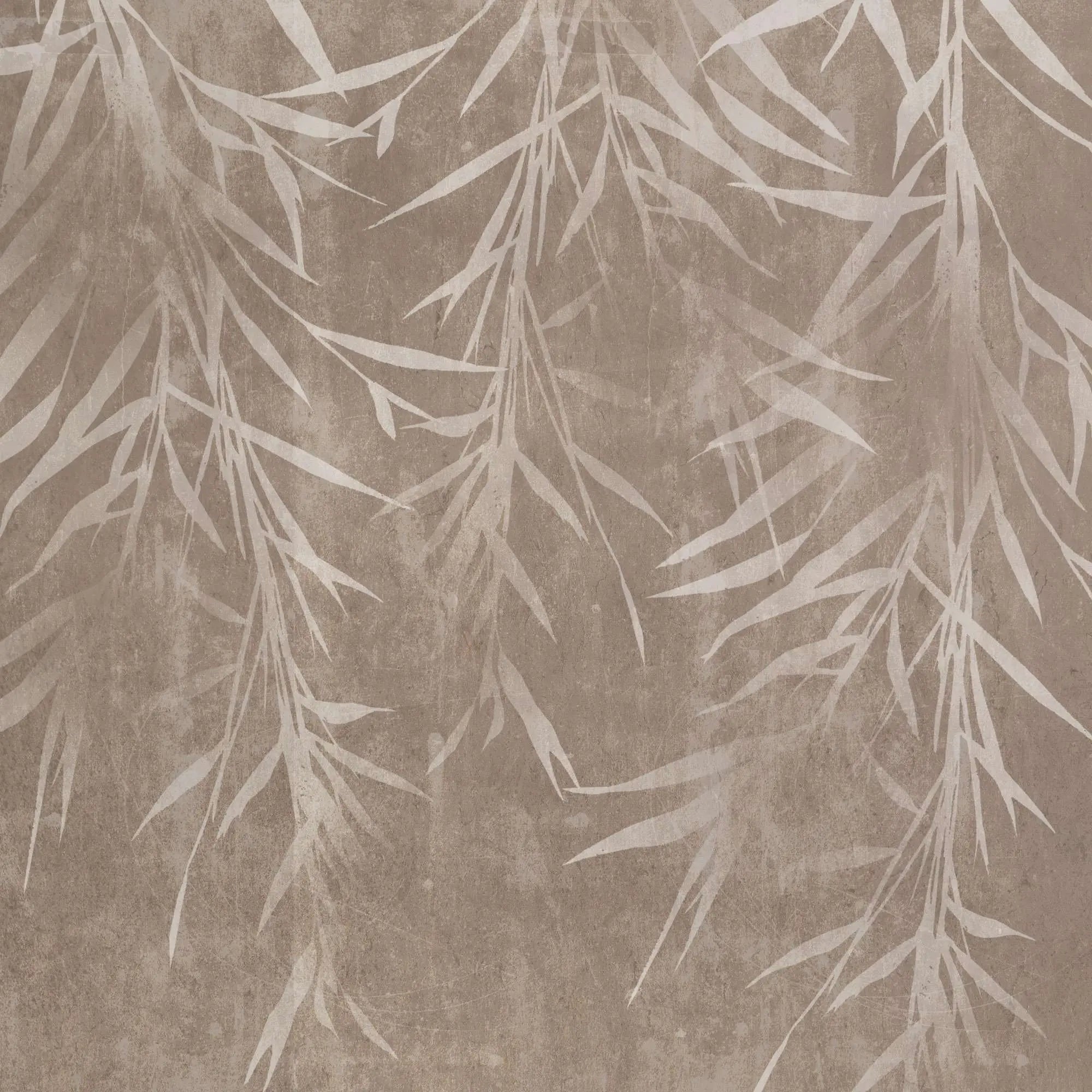 Tapet personalizat leaf cu frunze de bambus bej deschis pe un fundal maro cu textura de perete brown bamboo
