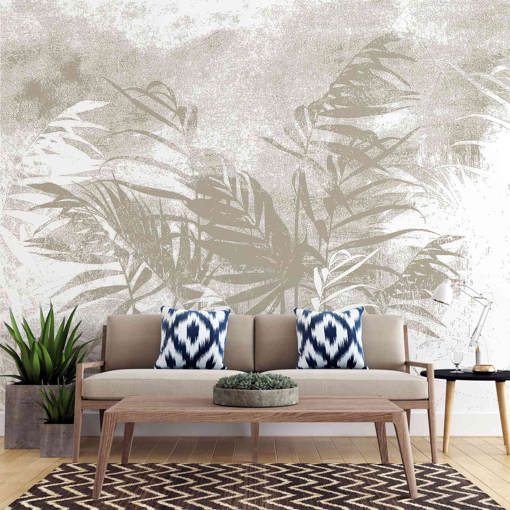 Tapet personalizat leaf cu frunze de palmier bej pe un fundal alb cu design minimalist palm noise