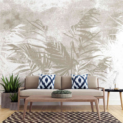 Tapet personalizat leaf cu frunze de palmier bej pe un fundal alb cu design minimalist palm noise