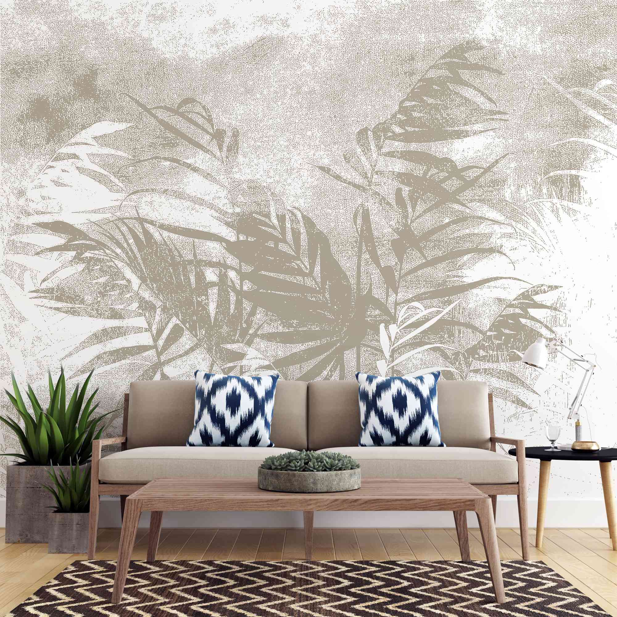 Tapet personalizat leaf cu frunze de palmier bej pe un fundal alb cu design minimalist palm noise