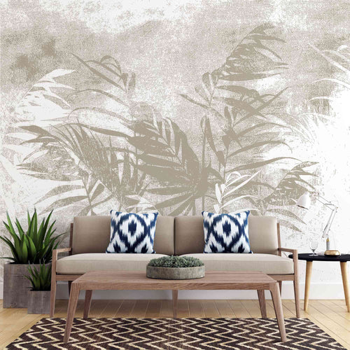 Tapet personalizat leaf cu frunze de palmier bej pe un fundal alb cu design minimalist palm noise