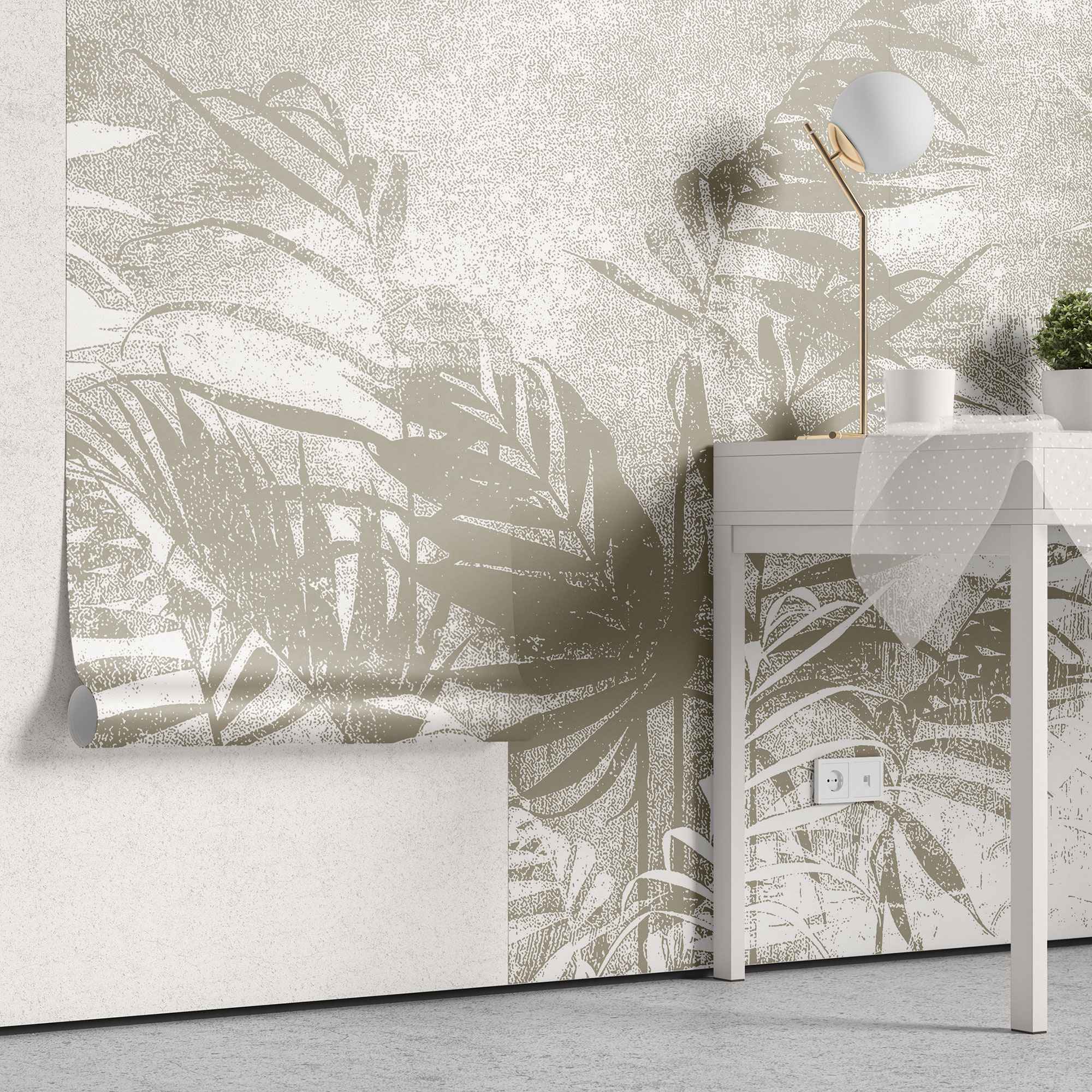 Tapet personalizat leaf cu frunze de palmier bej pe un fundal alb cu design minimalist palm noise