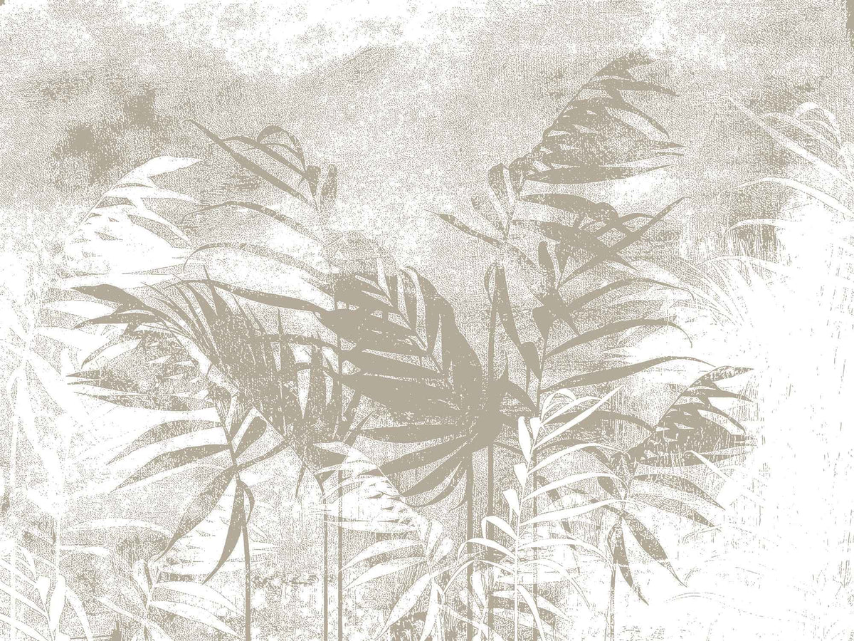 Tapet personalizat leaf cu frunze de palmier bej pe un fundal alb cu design minimalist palm noise