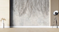 Tapet personalizat leaf cu frunze de palmier in nuante de gri pe un fundal deschis de perete texturat palm grey