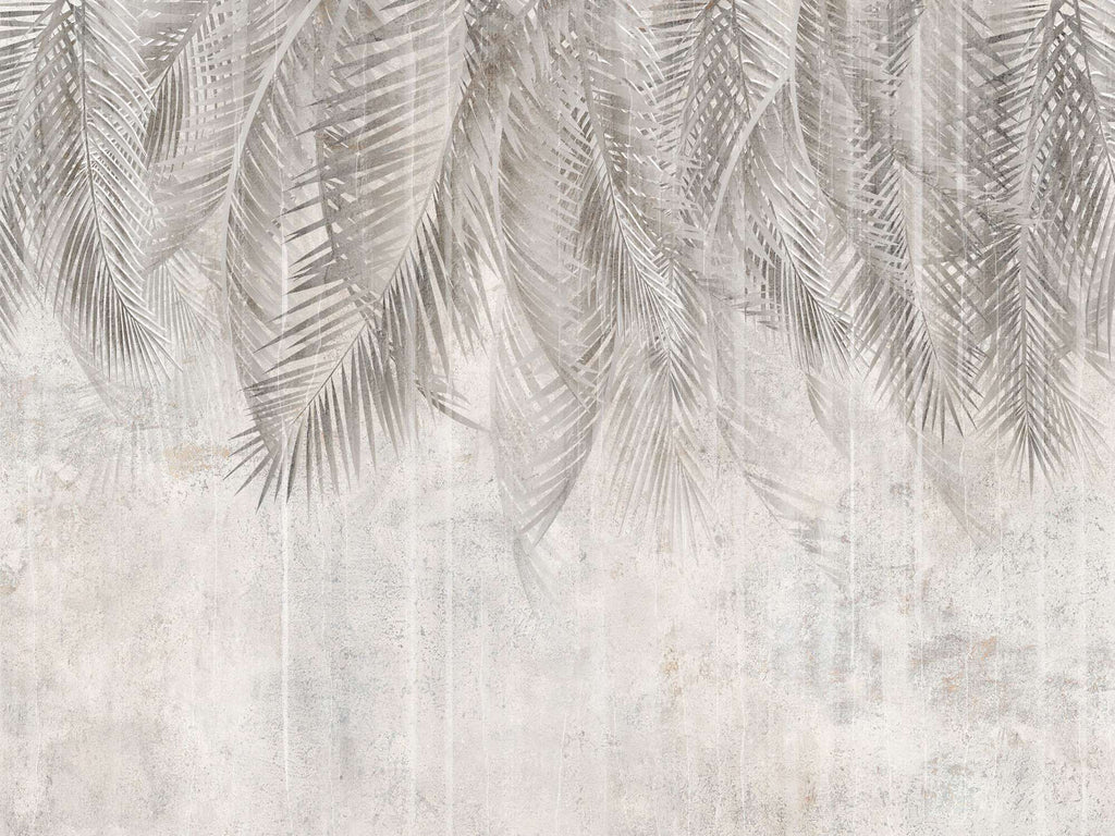Tapet personalizat leaf cu frunze de palmier in nuante de gri pe un fundal deschis de perete texturat palm grey
