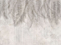 Tapet personalizat leaf cu frunze de palmier in nuante de gri pe un fundal deschis de perete texturat palm grey