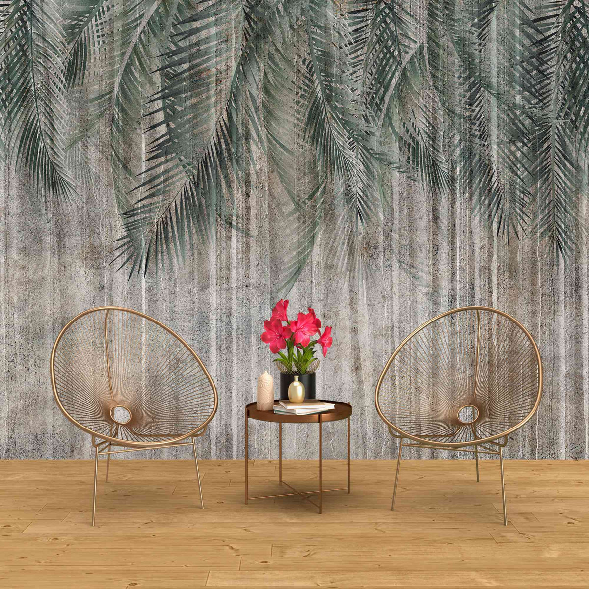 Tapet personalizat leaf cu frunze de palmier in nuante de verde pe un fundal inchis de perete texturat palm green