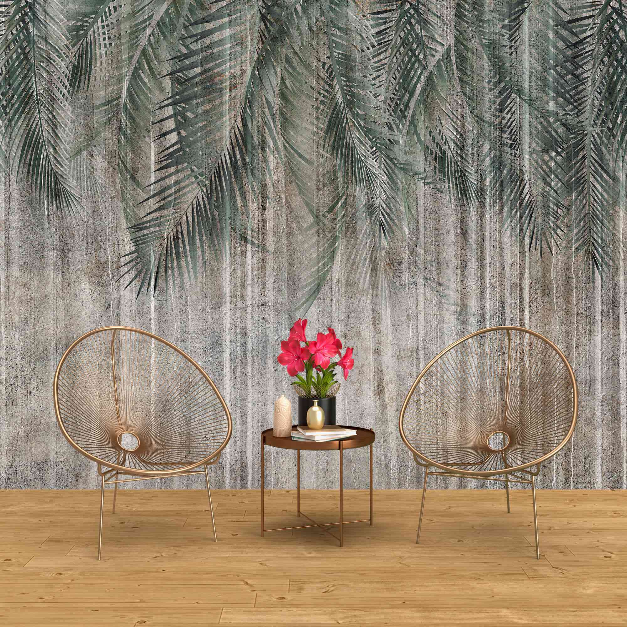 Tapet personalizat leaf cu frunze de palmier in nuante de verde pe un fundal inchis de perete texturat palm green