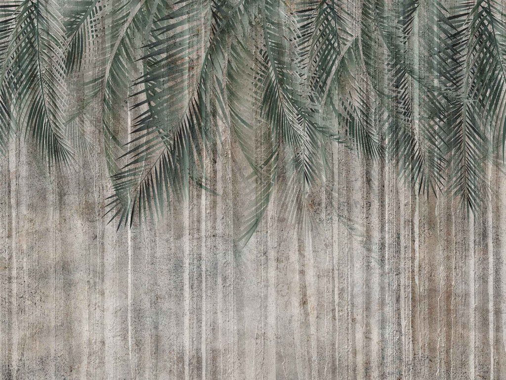 Tapet personalizat leaf cu frunze de palmier in nuante de verde pe un fundal inchis de perete texturat palm green