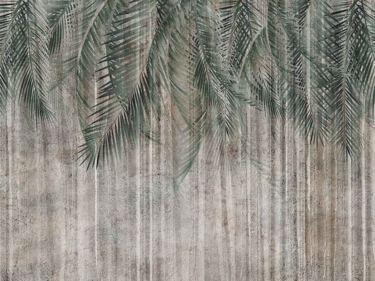 Tapet personalizat leaf cu frunze de palmier in nuante de verde pe un fundal inchis de perete texturat palm green