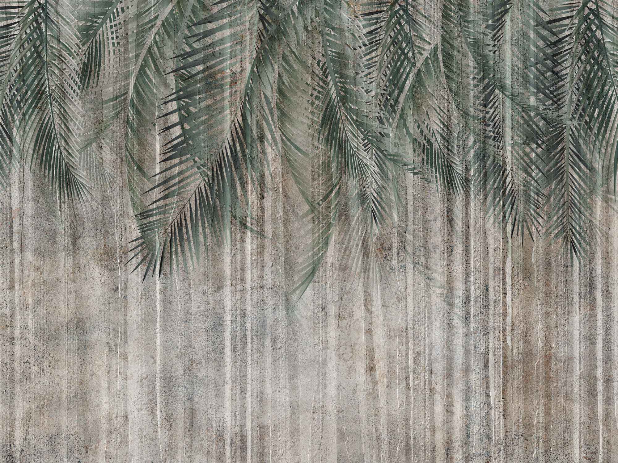 Tapet personalizat leaf cu frunze de palmier in nuante de verde pe un fundal inchis de perete texturat palm green