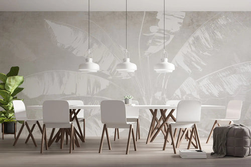 Tapet personalizat leaf cu frunze de bananier albe pe un fundal bej minimalist white banana leaves