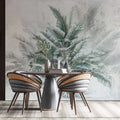 Tapet personalizat leaf cu copac tropical cu frunze in nuante de verde pe un fundal gri deschis dreamy tropical tree
