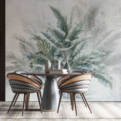 Tapet personalizat leaf cu copac tropical cu frunze in nuante de verde pe un fundal gri deschis dreamy tropical tree