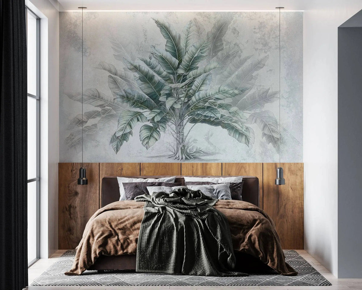 Tapet personalizat leaf cu copac tropical cu frunze in nuante de verde pe un fundal gri deschis dreamy tropical tree