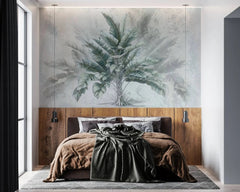 Tapet personalizat leaf cu copac tropical cu frunze in nuante de verde pe un fundal gri deschis dreamy tropical tree